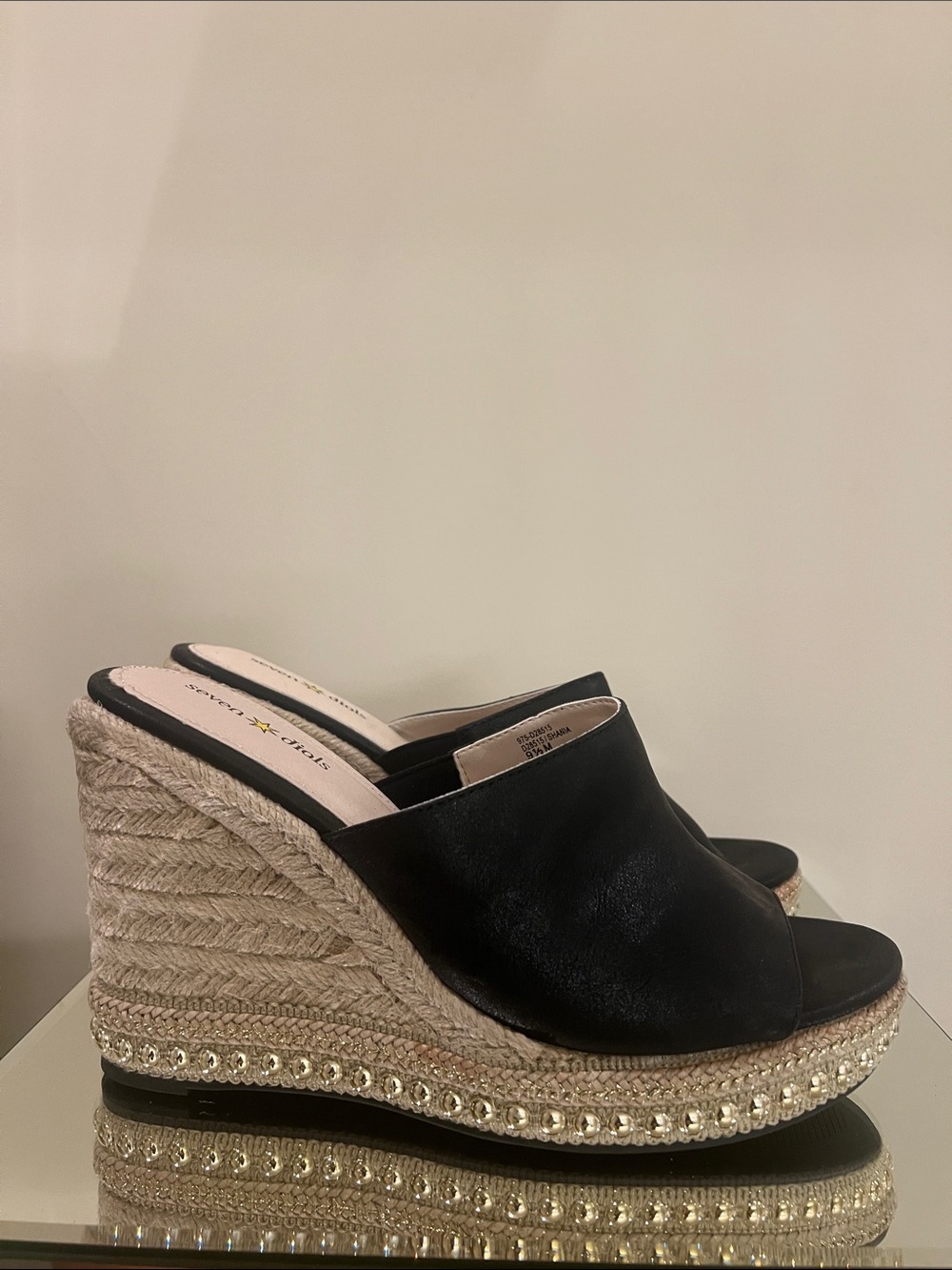 Seychelles Black Beaded Espadrille Wedge Mules